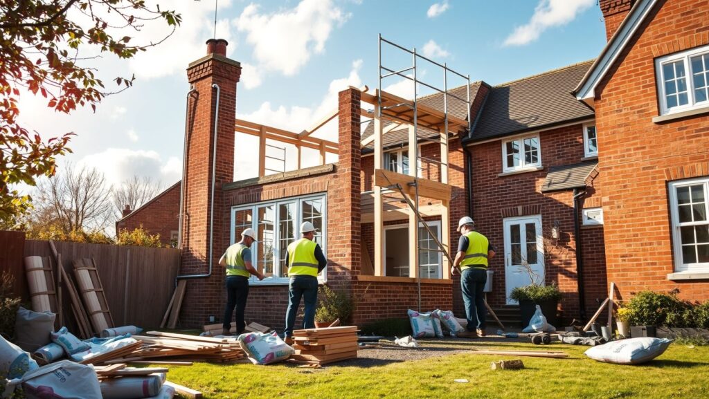 Construction workers renovating a brick home.