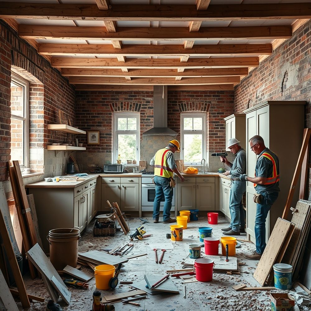 Construction workers in a messy kitchen interior.