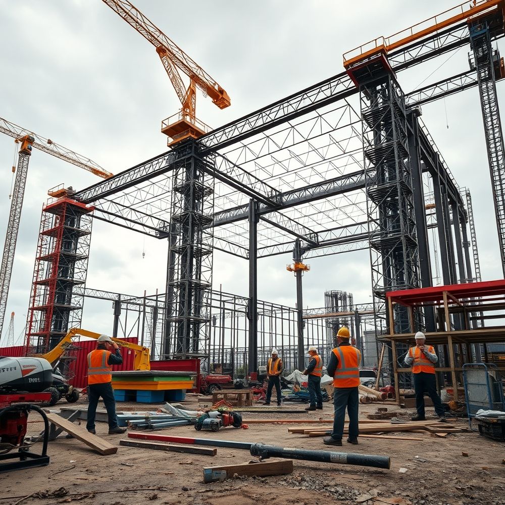 Construction site with workers and cranes.