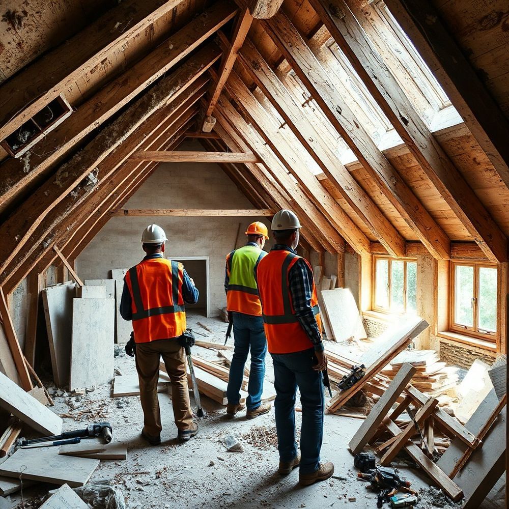 Construction workers inspect an unfinished attic.