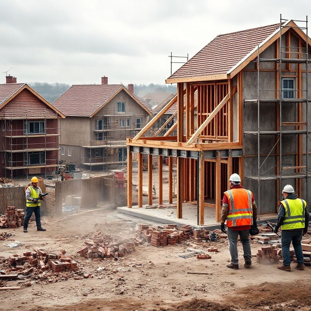 Construction workers at a building site.