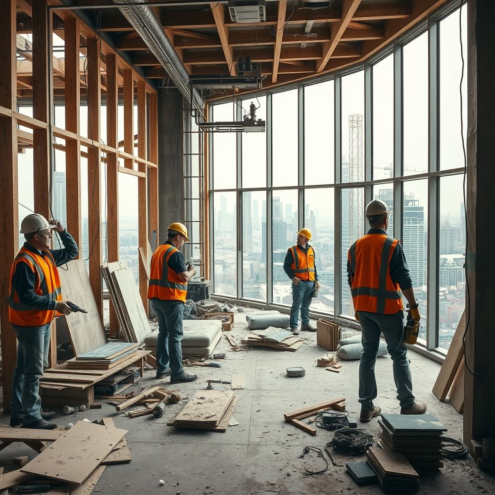 Construction workers in a partially finished building.