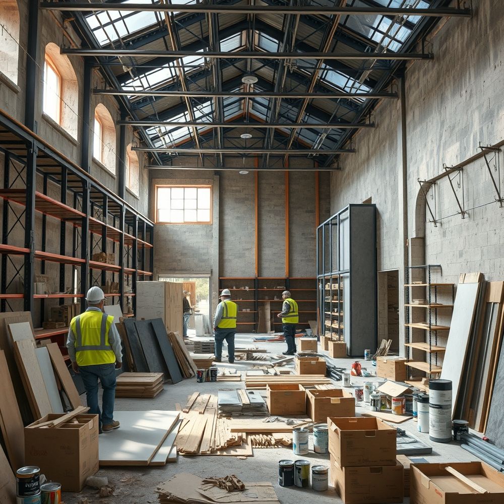 Construction workers organizing materials in warehouse.